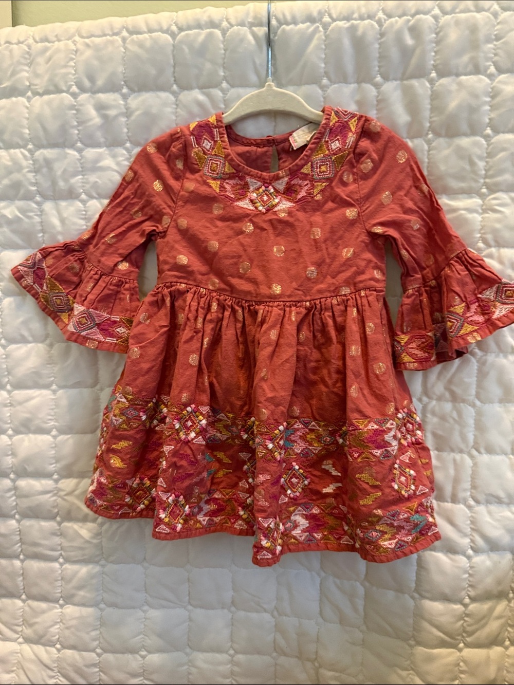 Rust Orange Embroidered Girls' Casual Dress with Bell Sleeves